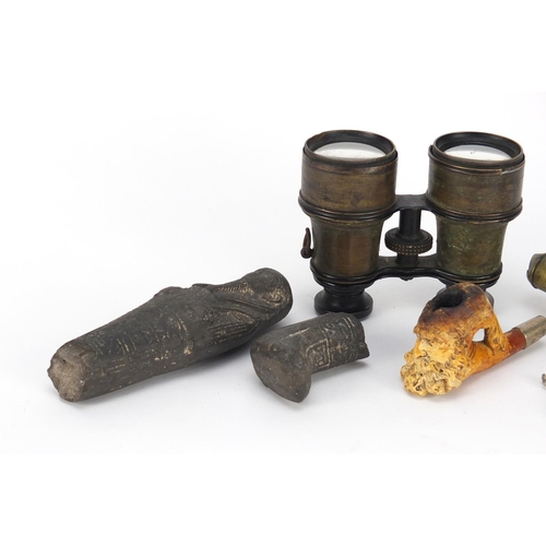 2593 - Objects including a stone ashabti, copper and brass powder flask and a Meerschaum pipe bowl, the lar... 