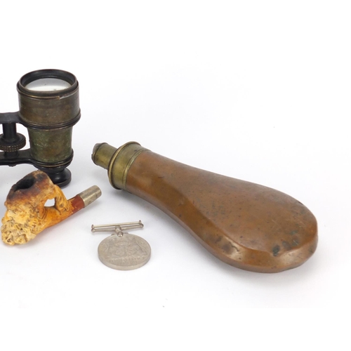 2593 - Objects including a stone ashabti, copper and brass powder flask and a Meerschaum pipe bowl, the lar... 