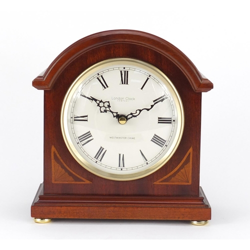 2295 - London Clock Company inlaid mahogany mantel clock, with Westminster chime and receipt for £100, 21cm... 