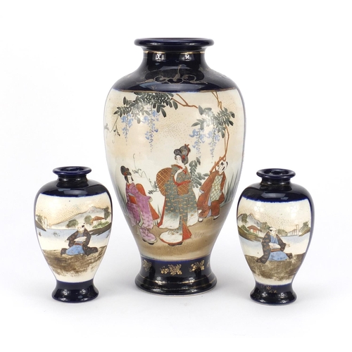 2316 - Three Japanese Satsuma pottery vases including a pair, each hand painted with flowers, the largest 3... 