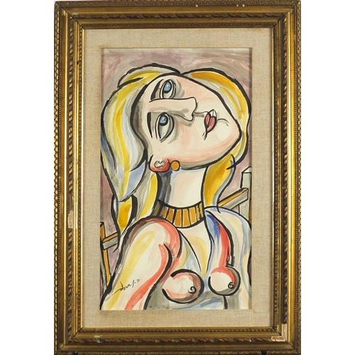 1247 - Top half portrait of a nude female, surreal watercolour, bearing  signature Dora, mounted and framed... 