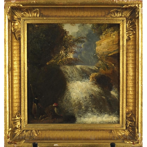 1458 - John Raphael Smith - Two figures fishing beside a waterfall, 19th century oil on board, framed, 19cm... 