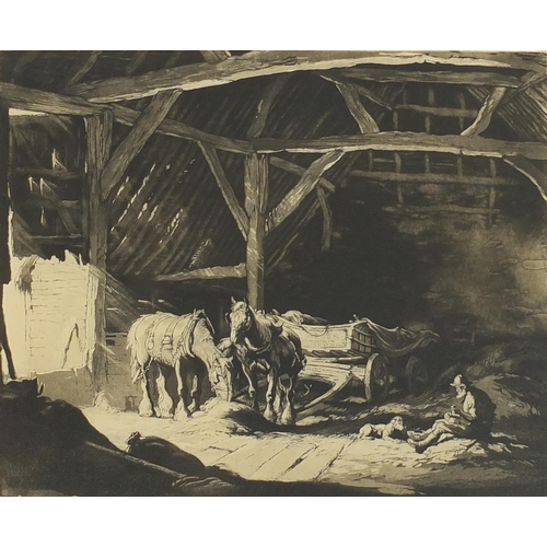 1474 - George Soper - In the barn, pencil signed etching, limited edition 15/50, 35cm x 30.5cm