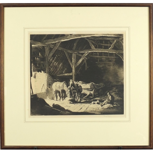 1474 - George Soper - In the barn, pencil signed etching, limited edition 15/50, 35cm x 30.5cm