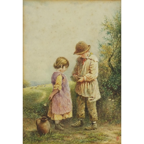 1262 - Myles Birket Foster - Two children before a landscape with sheep, 19th century watercolour, details ... 