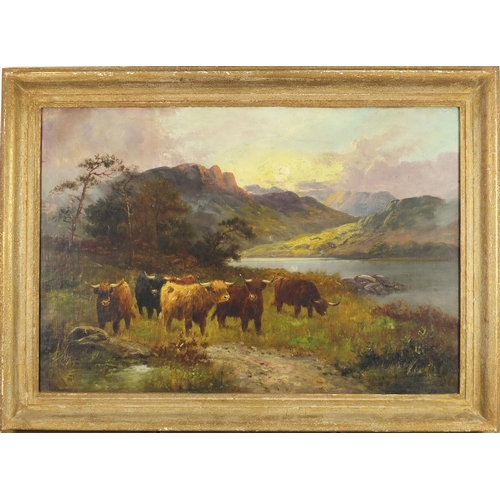 1255 - Henry Cooper 1903 - Highland cattle beside a river, oil on canvas, framed, 71.5cm x 49cm