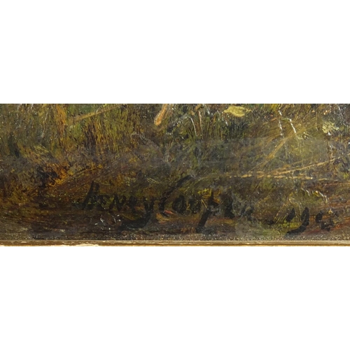 1255 - Henry Cooper 1903 - Highland cattle beside a river, oil on canvas, framed, 71.5cm x 49cm