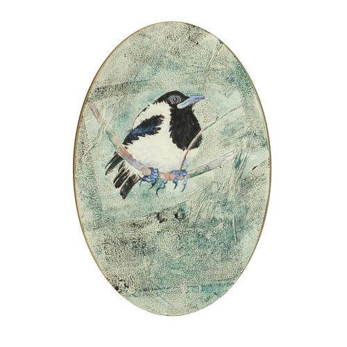2692 - Joy Parsons - Young magpie, signed oval watercolour, inscribed At The Mall Galleries label verso, mo... 