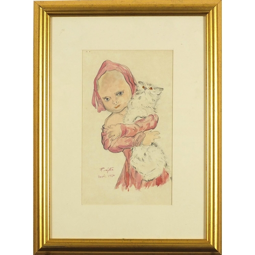 2608 - Manner of Leonard Tsuguharu Foujita - Portrait of a girl holding a cat, watercolour, inscribed Paris... 