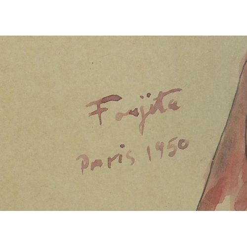 2608 - Manner of Leonard Tsuguharu Foujita - Portrait of a girl holding a cat, watercolour, inscribed Paris... 