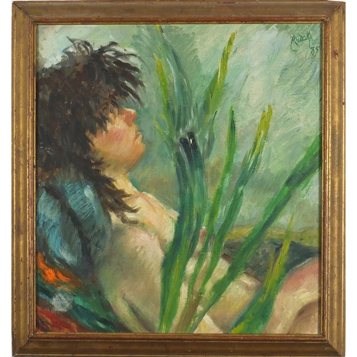 2155 - Frances Rudolph 1985 - Natalia, nude female, oil on canvas, inscribed At the Mall Galleries label ve... 