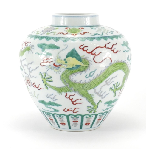 402 - Chinese porcelain Wucai vase, hand painted with two dragons chasing the flaming pearl amongst clouds... 