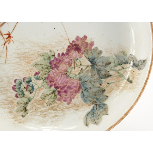 421 - Chinese porcelain shallow dish, hand painted in the famille rose palette with a kingfisher beside fl... 