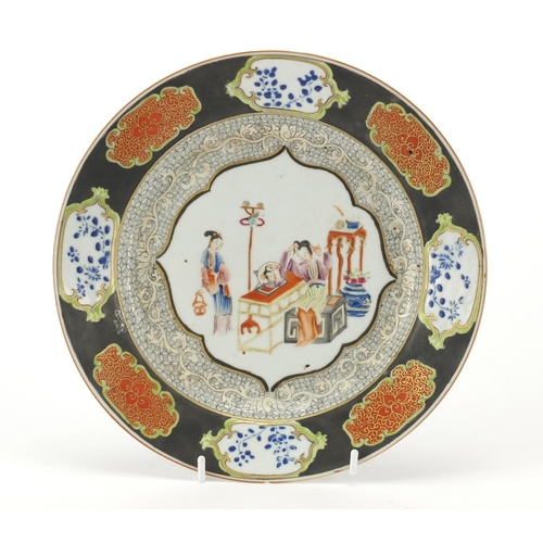 399 - Chinese porcelain plate, finely hand painted in the famille rose palette with two young girls within... 