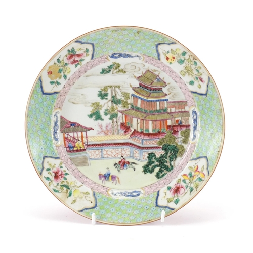 382 - Good Chinese porcelain plate, finely hand painted in the famille rose palette with figures outside o... 