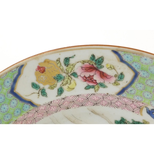 382 - Good Chinese porcelain plate, finely hand painted in the famille rose palette with figures outside o... 