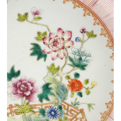426 - Chinese porcelain lotus flower plate, hand painted in the famille rose palette with a stork amongst ... 