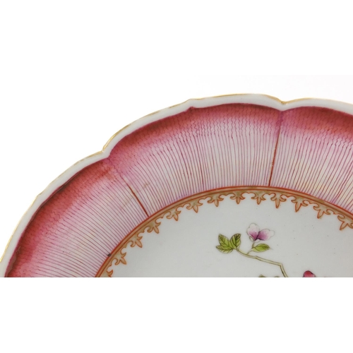 426 - Chinese porcelain lotus flower plate, hand painted in the famille rose palette with a stork amongst ... 