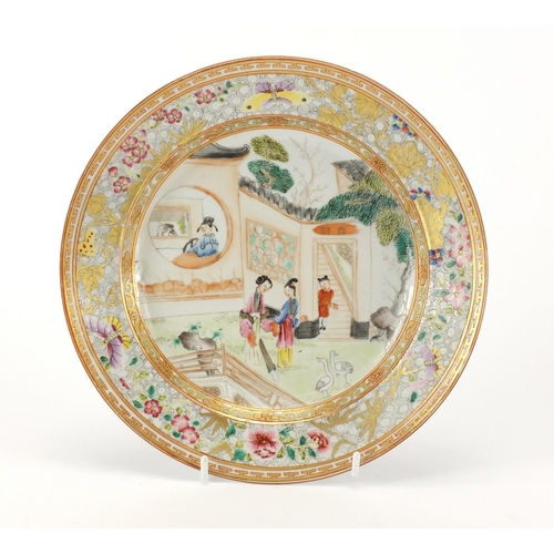 387 - Good Chinese porcelain plate, finely hand painted in the famille rose palette with figures in a pala... 