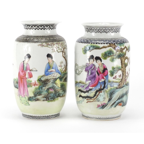 392 - Two similar Chinese porcelain vases, each finely hand painted in the famille rose palette with young... 