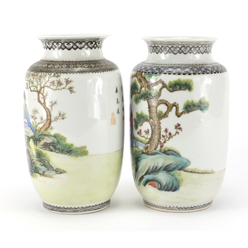 392 - Two similar Chinese porcelain vases, each finely hand painted in the famille rose palette with young... 