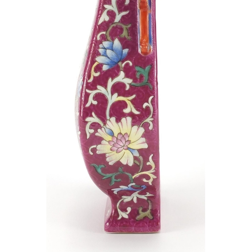417 - Chinese porcelain wall vase with twin handles, finely hand painted with a panel of calligraphy surro... 