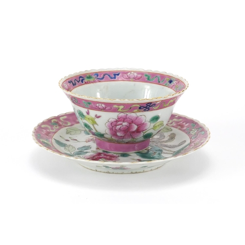 403 - Chinese Peranakan Straits porcelain tea bowl and saucer, hand painted with phoenixes amongst flowers... 
