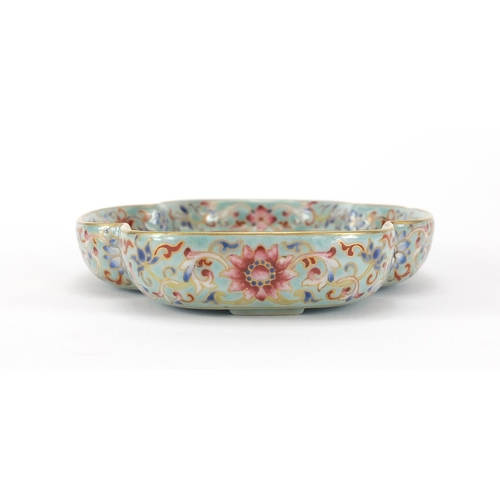 420 - Good Chinese porcelain dish, finely hand painted in the famille rose palette with a panel of calligr... 