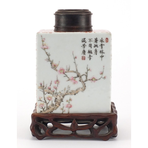 383 - Good Chinese porcelain tea caddy by Tang Yin, finely hand painted with peach blossom and mountain ri... 