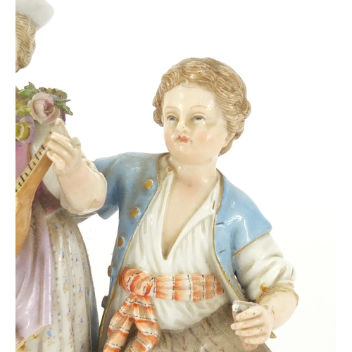 787 - 19th century Meissen figure group of a boy and girl playing a mandolin, blue cross sword marks and n... 