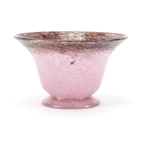 805 - Monart brown and pink art glass bowl with flared rim and gold flecking, part paper label to the base... 