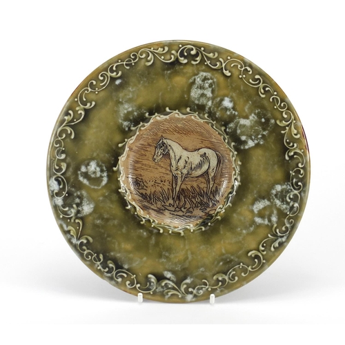 820 - Rare Royal Doulton plate by Hannah Barlow, the central panel incised with a horse, impressed marks a... 