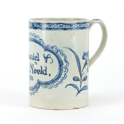 753 - 18th century pearlware tankard, inscribed Nathaniel & Ann Neeld 1781, C E Hanley Collection label to... 