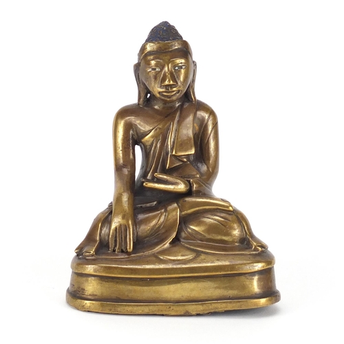 692 - Antique Burmese bronze figure of seated Buddha, 15.5cm high