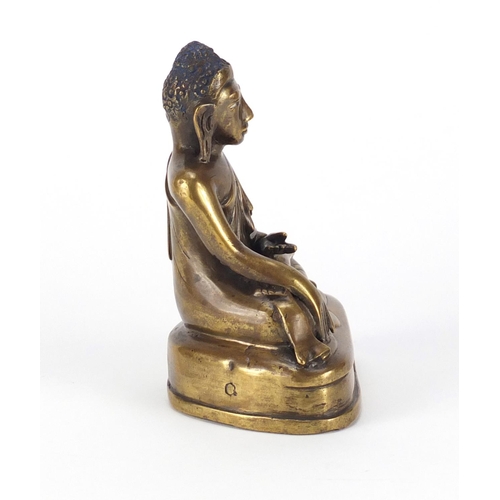 692 - Antique Burmese bronze figure of seated Buddha, 15.5cm high