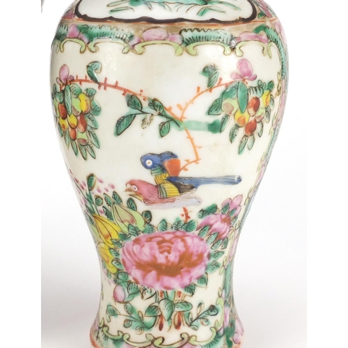 419 - Three Chinese Canton porcelain vases comprising a pair and a larger example with elephant head ring ... 