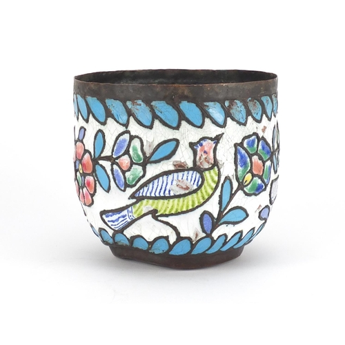 696 - Turkish copper pot enamelled with birds and flowers, 13cm high