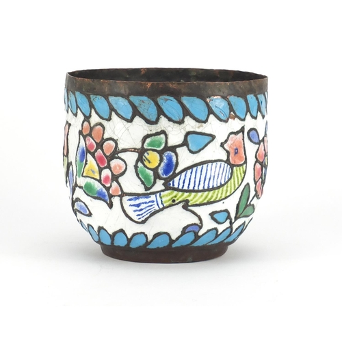 696 - Turkish copper pot enamelled with birds and flowers, 13cm high