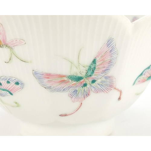 385 - Good Chinese porcelain lotus flower bowl, finely hand painted in the famille rose palette with butte... 