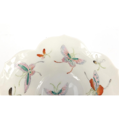 385 - Good Chinese porcelain lotus flower bowl, finely hand painted in the famille rose palette with butte... 