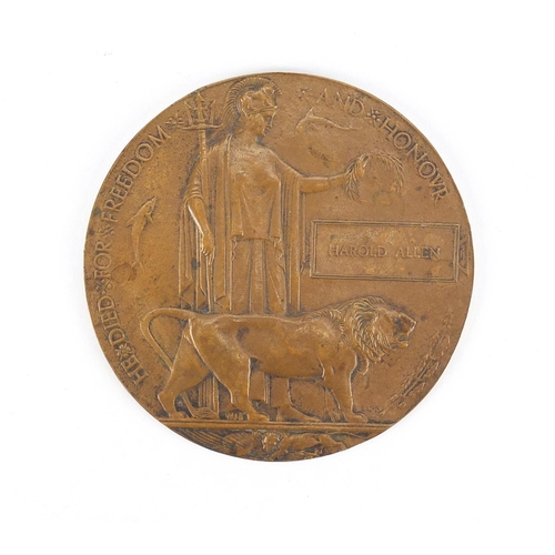 293 - British Military World War I death plaque, awarded to HAROLD ALLEN