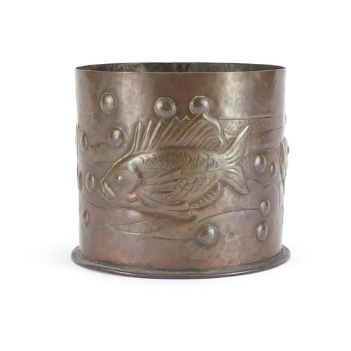 847 - Arts & Crafts copper pot by Newlyn, embossed with fish in water, impressed Newlyn to the base, 9.5cm... 
