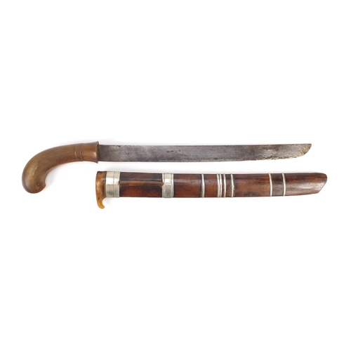 136 - Rhinoceros horn handled knife with steel blade and scabbard, overall 49cm in length