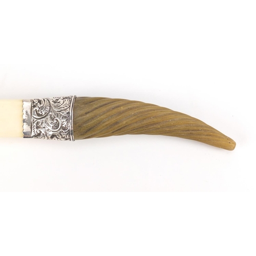 137 - Rhinoceros horn handled ivory page turner with silver mount, indistinct Birmingham hallmarks, 34.5cm... 