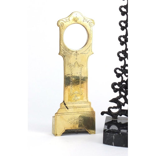 55 - Objects comprising a Georgian brass watch stand in the form of a grandfather clock, gilt metal weigh... 