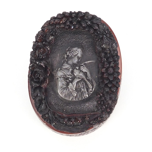 50 - French pressed snuff box, the lift off lid decorated with a female holding a bird, signed to the bas... 