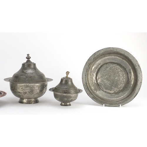 695 - Group of Ottoman metalware including bowls and three pots with covers, the largest 17cm high