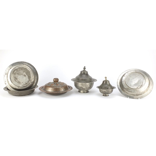 695 - Group of Ottoman metalware including bowls and three pots with covers, the largest 17cm high
