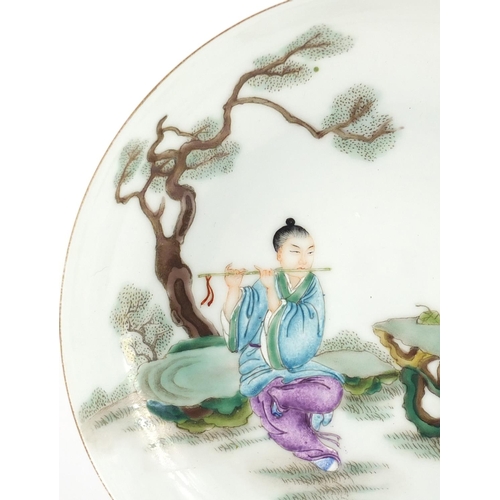 405 - Chinese porcelain dish, hand painted in the famille rose palette with a figure playing a flute, six ... 