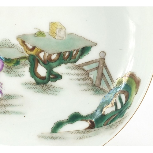 405 - Chinese porcelain dish, hand painted in the famille rose palette with a figure playing a flute, six ... 